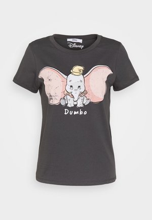 T-shirt en coton gris arborant un éléphant cartoon aux grandes oreilles roses et un chapeau jaune, avec le texte imprimé "Dumbo" en blanc sous le dessin.