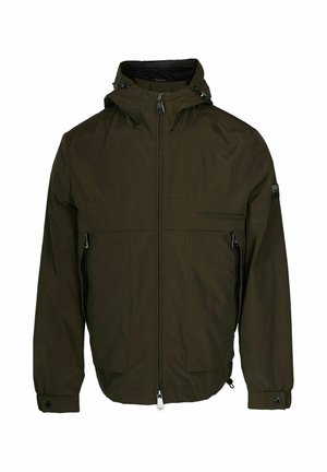 Olivegrüne, leichte Jacke mit einem Reißverschluss vorne, Kapuze, zwei Seitentaschen und einer Brusttasche. Sie hat eine glatte Textur und verstellbare Bündchen.