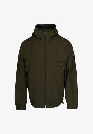 Olivegrüne, leichte Jacke mit einem Reißverschluss vorne, Kapuze, zwei Seitentaschen und einer Brusttasche. Sie hat eine glatte Textur und verstellbare Bündchen.