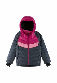 Giacca imbottita con cappuccio rosa, motivi a zigzag in varie tonalità di rosa e blu scuro, e zip frontale. Include polsini regolabili.