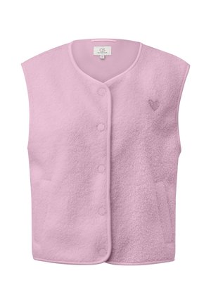 Bezrękawnik z jasnoróżowego polaru z zatrzaskami, zaokrąglonym dekoltem, kieszeniami po bokach i małym serduszkiem na lewej piersi.