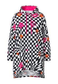 Overgroot hoodie met een geblokt patroon in zwart en wit, met accenten van roze en oranje sterren, vredetekens en lippen.