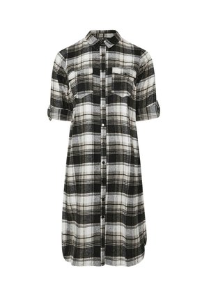 Black and white plaid shirt dress with short rolled sleeves, collar, button-down front, and two chest pockets; made of flannel fabric.