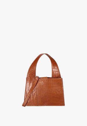 Krokodilprägung braune Handtasche mit strukturierter Form, ausgestattet mit einem einzelnen Oberhandgriff und einem abnehmbaren Schultergurt. Glatte Textur.