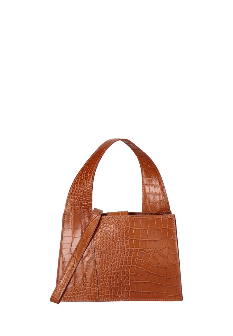 Borsa marrone con impresso il motivo coccodrillo, dalla forma strutturata, dotata di un manico superiore singolo e di una tracolla removibile. Texture liscia.