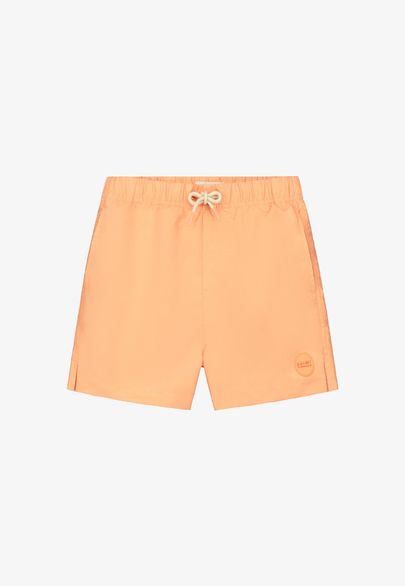 Persikinės spalvos maudymosi šortai, pagaminti iš lengvos medžiagos, su elastingu juosmeniu, raiščiu ir šoninėmis įpjovomis, kad būtų lengviau judėti.