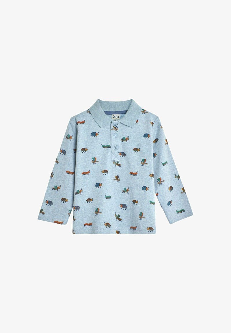 Helles blaues Langarm-Polohemd mit einem Muster verschiedener bunter Tiere, aus weichem Baumwollmaterial gefertigt. Dreiknopfverschluss am Kragen.