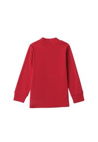 Rotes Langarmshirt mit rundem Kragen, weichem Stoff, geradem Schnitt und gerippten Bündchen. Einfarbige Rückseite ohne Muster oder Logos.