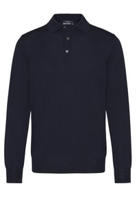 Marineblaues Langarm-Polohemd aus strukturiertem Stoff, mit einem Kragen und einer Drei-Knopf-Leiste. Einfaches, klassisches Design.