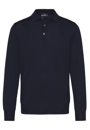 Marineblaues Langarm-Polohemd aus strukturiertem Stoff, mit einem Kragen und einer Drei-Knopf-Leiste. Einfaches, klassisches Design.