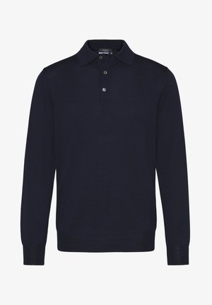 Marineblaues Langarm-Polohemd aus strukturiertem Stoff, mit einem Kragen und einer Drei-Knopf-Leiste. Einfaches, klassisches Design.