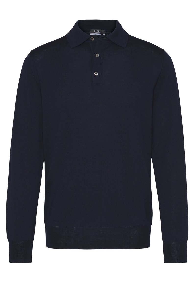 Marineblaues Langarm-Polohemd aus strukturiertem Stoff, mit einem Kragen und einer Drei-Knopf-Leiste. Einfaches, klassisches Design.