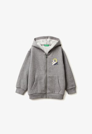 Felpa grigia con zip realizzata in tessuto morbido, caratterizzata da un design del logo frontale in giallo, blu navy e crema. Include tasche frontali e cappuccio.