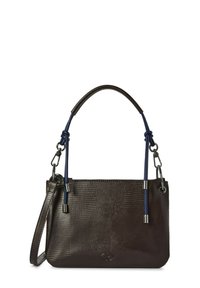 Braune Lederhandtasche mit strukturierter Oberfläche und glatter Finishing, blauen Seilgriffakzenten, silbernen Beschlägen und einem Reißverschluss.