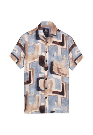Korte mouwen overhemd met knoopsluiting en een borstzak, met een geometrisch patroon in blauw, beige, bruin en crèmekleuren.
