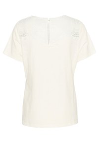 White T-shirt with short sleeves, featuring a lace design on the back yoke and a keyhole opening with a button closure. Soft texture.