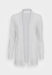 Hellgrauer Cardigan mit offenem Front. Lange Ärmel, gerippte Bündchen und Saum. Hergestellt aus weichem, strukturiertem Strickstoff. Einfaches, vielseitiges Design.