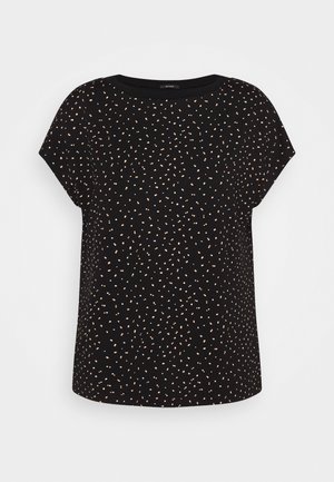 Top nero a maniche corte con motivo sparso di piccoli puntini beige e bianchi, vestibilità morbida e scollatura tonda.