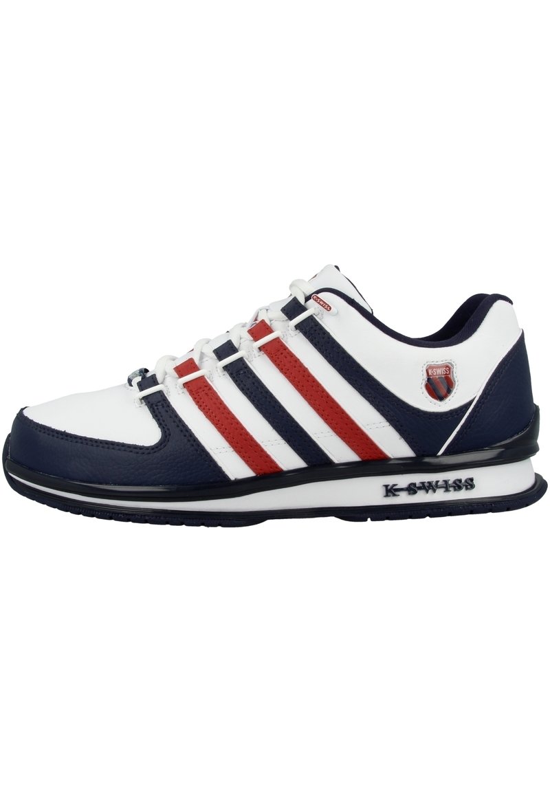 White athletic shoe with navy and red accents, featuring a smooth texture, three diagonal stripes, and a rubber sole with 'K-Swiss' branding.