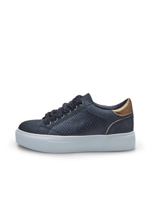 Navy sneakers with a textured leather side panel, round toe, matching laces, and a white midsole. Bronze accent at the heel.