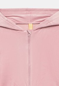 Rožinis veliūrinis džemperis su priekyje esančia užtrauktuku, pasižymintis lygiu paviršiumi ir pamuštu gobtuvu. Viduje matomas geltonas prekės ženklo etiketas.