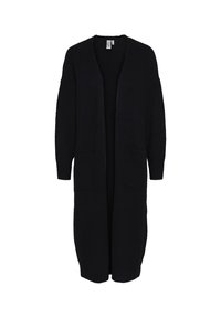 Długi czarny kardigan wykonany z miękkiego materiału, o luźnym kroju, z otwartym przodem i dwoma przednimi kieszeniami. Bez zapięcia.