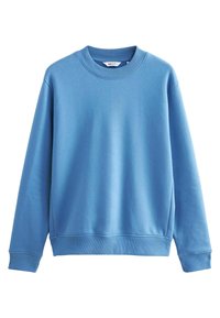 Sweat-shirt bleu à col rond en tissu doux, avec poignets et ourlet côtelés, texture lisse et coupe décontractée.