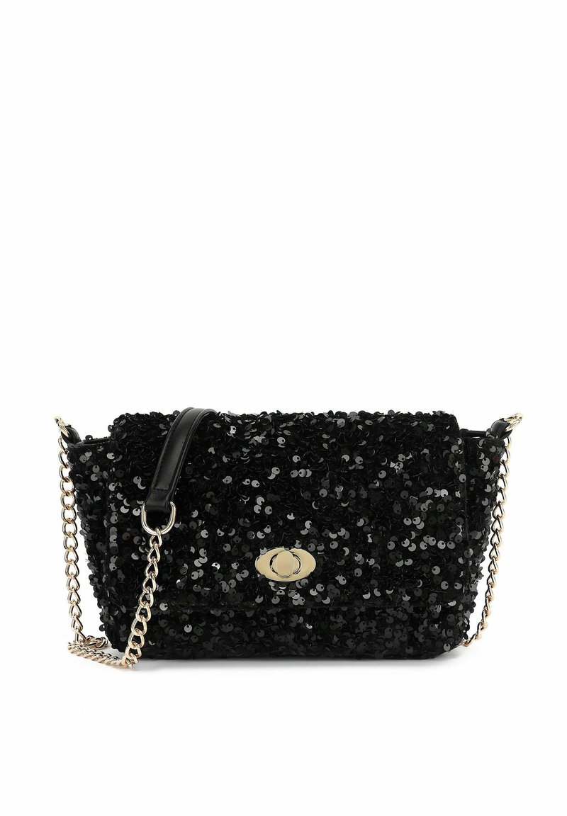 Borsa nera in paillettes con chiusura in metallo dorato e tracolla in pelle. Dotata di una catena per maggiore versatilità. Forma rettangolare.