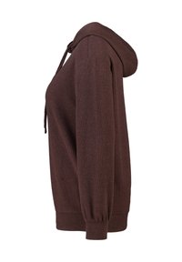 Bruine hoodie met geribd textuur, trekkoord en opgeblazen mouwmanchetten. De zijaanzicht toont de relaxte pasvorm en casual ontwerp.