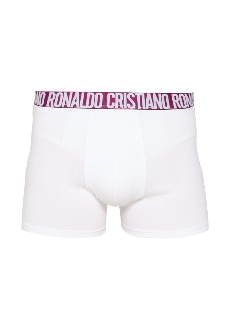 Boxer shorts de algodón blancos con una cinturilla elástica morada que lleva el texto "Cristiano Ronaldo" en blanco. Textura suave, diseño ajustado.
