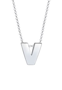 Silberner V-förmiger Anhänger mit polierter Oberfläche, der an einer Kette mit runden Gliedern hängt. Einfaches und modernes Design.