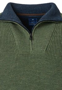 Grüner Strickpullover mit Reißverschluss bis zum Viertel und ribbeligem dunkelblauen Kragen. Strukturierter, leichter Stoff mit vertikalen Mustern.