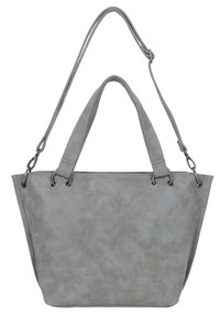 Borse tote in finta pelle grigia con manici doppi e tracolla regolabile. Presenta occhielli in metallo e una superficie liscia e texture.