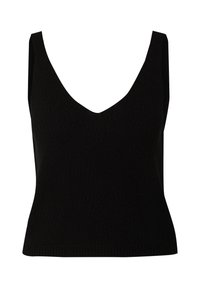 Schwarzes ärmelloses Oberteil mit tiefem V-Ausschnitt, gerippter Struktur, figurbetontem Design und geradem Saum, aus weichem, dehnbarem Material.
