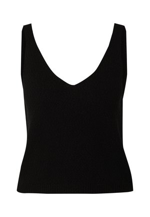Zwarte mouwloze top met een diepe V-hals, geribbelde textuur, aansluitend ontwerp en rechte zoom, gemaakt van zachte, rekbare stof.
