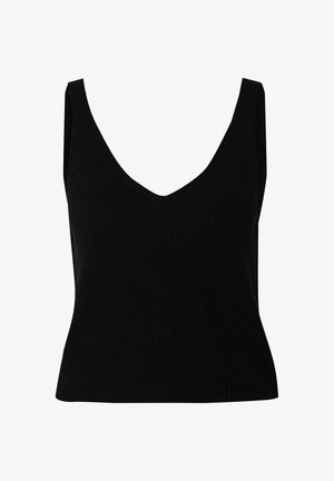 Zwarte mouwloze top met een diepe V-hals, geribbelde textuur, aansluitend ontwerp en rechte zoom, gemaakt van zachte, rekbare stof.