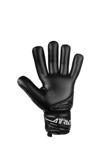 Schwarze Torwart-Handschuhe mit "Reusch"-Logo auf der Handfläche und "Attrakt Infinity"-Markierung am Handgelenk, gezeigt mit gespreizten Fingern.