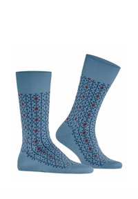 Paar blaue knielange Socken mit dunkelblauem vertikalem Gittermuster und kleinem rotem Strahlenmuster, vor weißem Hintergrund dargestellt.