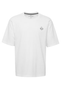 White cotton T-shirt with short sleeves, crew neck, and a small black printed logo on the chest. Straight hem and relaxed fit.