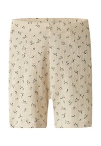 Bež kratke hlače s rebrastim uzorkom i malim zelenim i crnim cvjetnim motivima. Imaju elastičnu vrpcu u struku i dizajn koji doseže sredinu bedara.