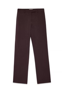 Dark brown straight-leg trousers with belt loops, front zipper, and waistband tab closure on a white background.