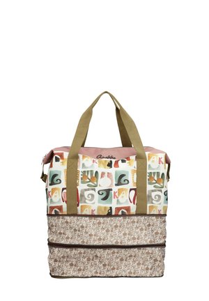 Borsa tote in tela con blocchi colorati astratti nella parte superiore e sezione inferiore beige decorata, con due manici larghi e scomparti con cerniera.