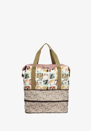 Borsa tote in tela con blocchi colorati astratti nella parte superiore e sezione inferiore beige decorata, con due manici larghi e scomparti con cerniera.