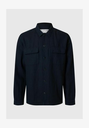 Dunkelblaues Button-up-Hemd mit Kragen, zwei Brusttaschen und langen Ärmeln. Hergestellt aus einem strukturierten Stoff, mit schwarzen Knöpfen an der Vorderseite.