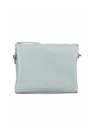 Sac bandoulière rectangulaire en cuir bleu clair avec fermeture éclair sur le dessus et fermoirs argentés sur fond blanc.