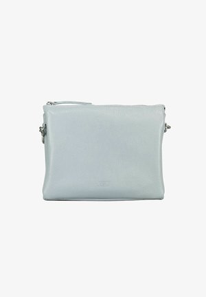 Sac bandoulière rectangulaire en cuir bleu clair avec fermeture éclair sur le dessus et fermoirs argentés sur fond blanc.