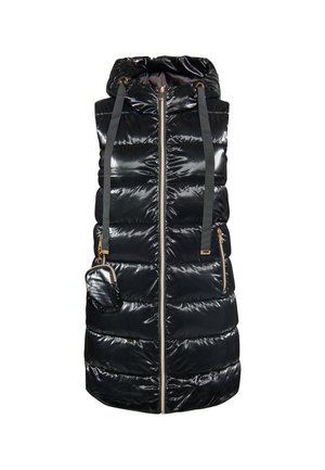 Gilet matelassé noir et brillant avec capuche, fermeture éclair à l'avant, deux poches latérales et une mini trousse attachée, présentant des sections matelassées et des sangles ajustables.