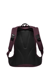 Zaino con un'esterno bordeaux e un retro in rete nera; presenta spallacci imbottiti e un design ergonomico per comfort e supporto.