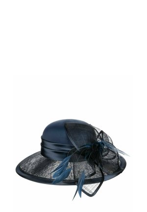Wide-brimmed black hat with satin band, decorated with black mesh fabric and blue feathers on one side.