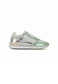 Sneakers with a silver and green metallic finish, featuring a textured design, lightweight materials, and a white rubber sole.